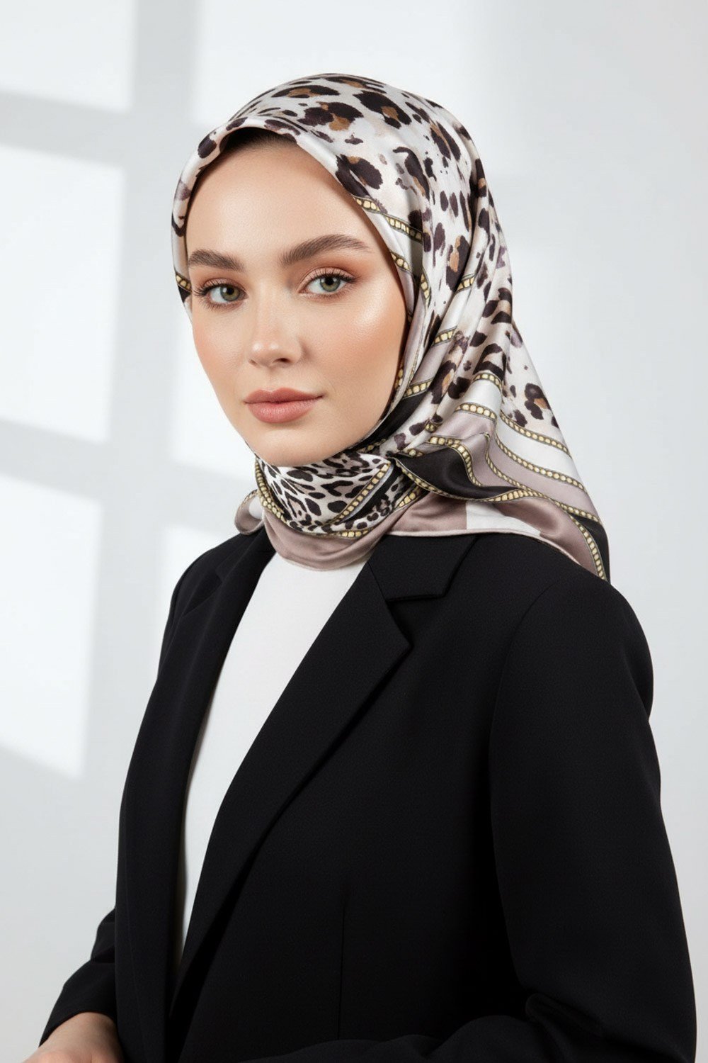 Twill Kemerli ve Leopar Desenli Bej Renkli 90x90 Eşarp (İpek İçermez) Dikim Şekli : El Dikişi