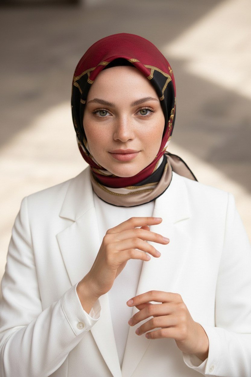 %100 Twill İpek Baroklu Ve Geometrik Desenli Bordo - Bej Renkli 90x90 Eşarp Dikim Şekli : El Dikişi