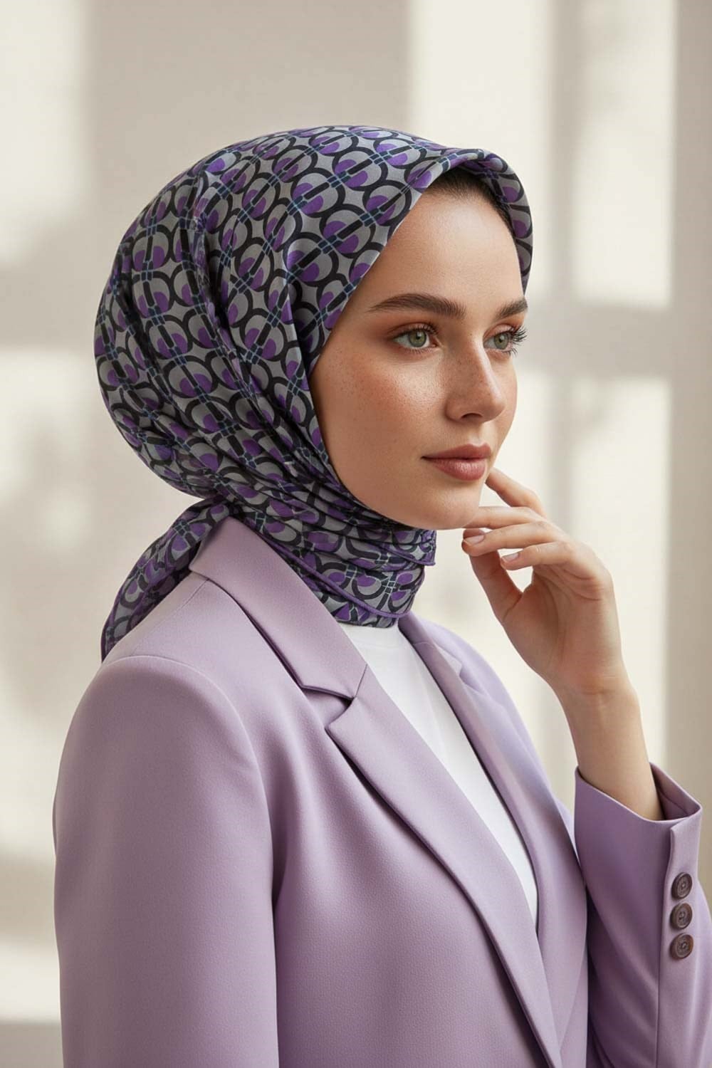 %100 Twill İpek Geometrik Desenli Lila Renkli 90x90 Eşarp Dikim Şekli : El Dikişi