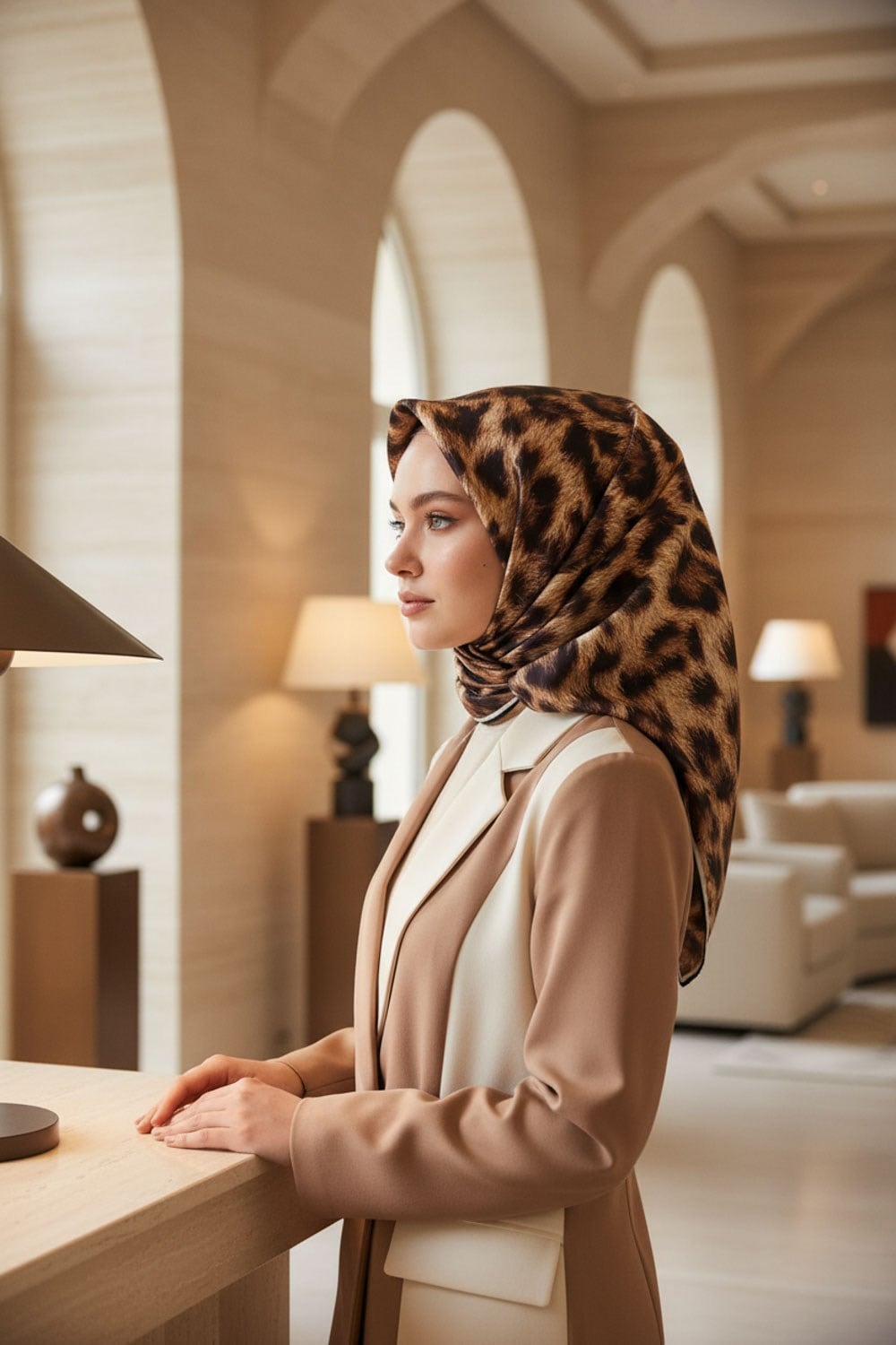 % 57 İPEK % 43 VİSKON Twill İpek Leopar Desenli Hardal - Siyah  Renkli 90x90 Eşarp Dikim Şekli : El Dikişi