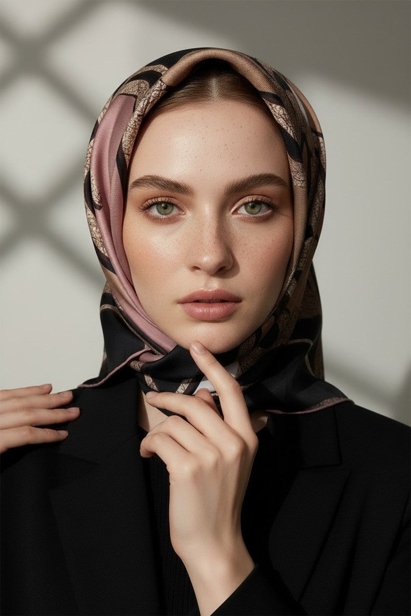 % 57 İPEK % 43 VİSKON Twill İpek Gold Efektli Geometrik Desenli Pudra - Gri Renkli 90x90 Eşarp Dikim Şekli : El Dikişi