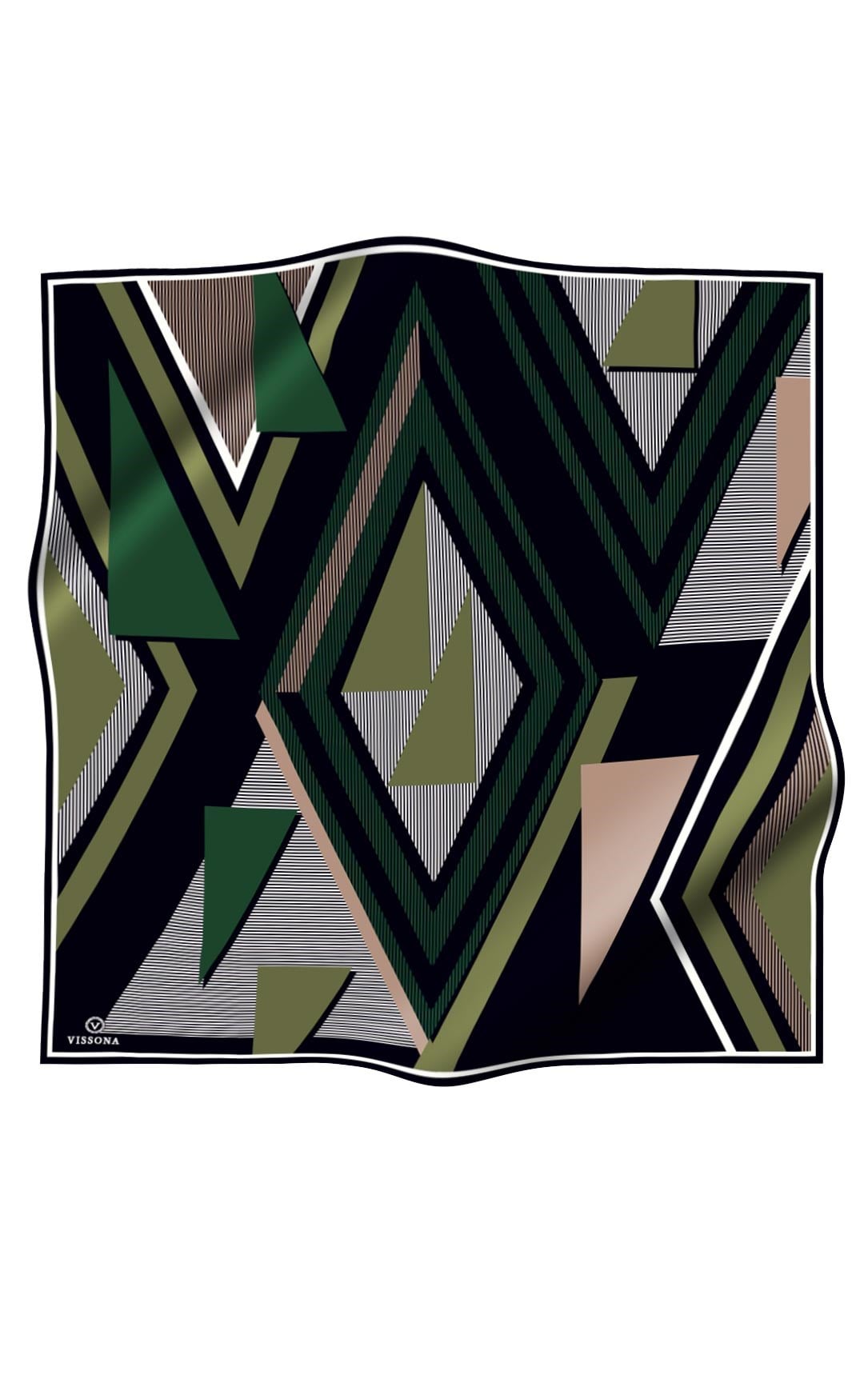 % 57 İPEK % 43 VİSKON Twill İpek Geometrik Desenli Haki - Siyah Renkli 90x90 Eşarp Dikim Şekli : El Dikişi