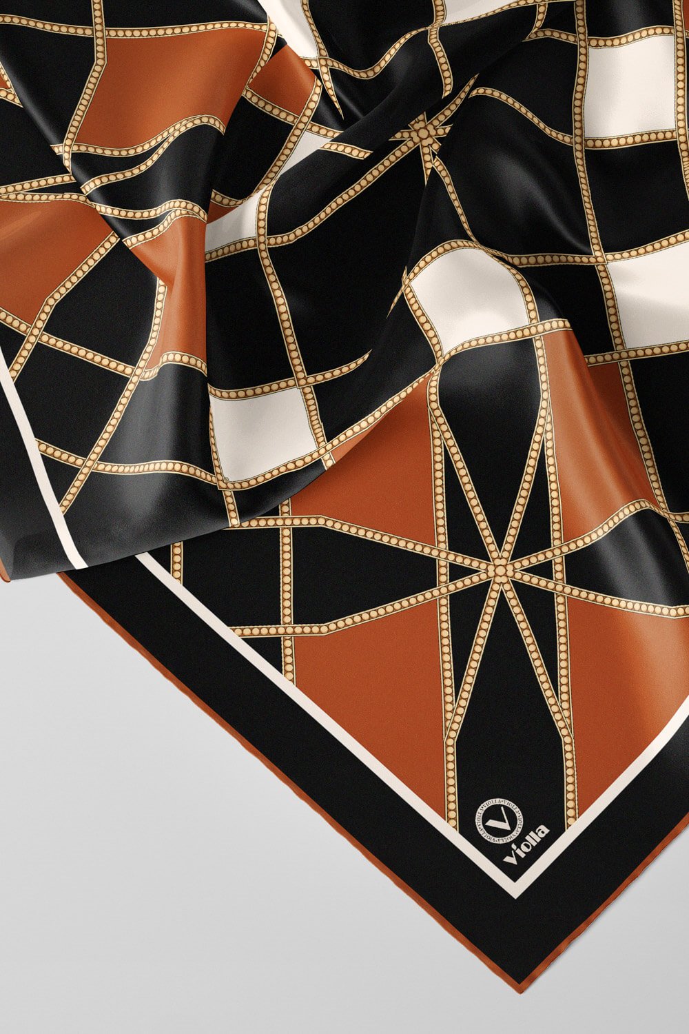 Twill Gold Detaylı Geometrik Çiçekli Desenli Taba Renkli 90x90 Eşarp (İpek İçermez) Kenar Dikiş Şekli El Dikişli