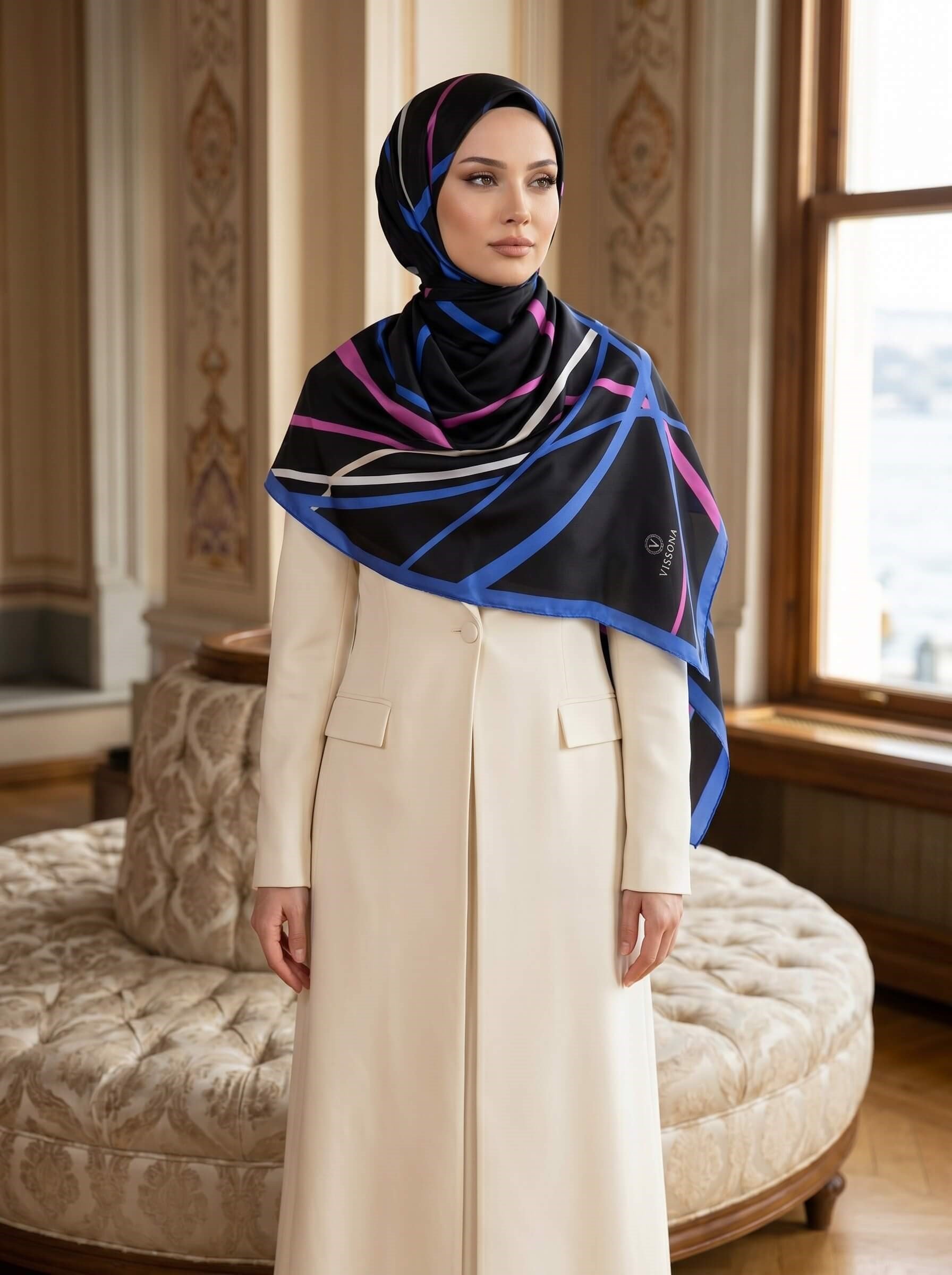 %100 Saf İpek Şal İnce Saten Vual Dokuma Çizgi Desenli Siyah - Saks Renkli 90x210 Şal