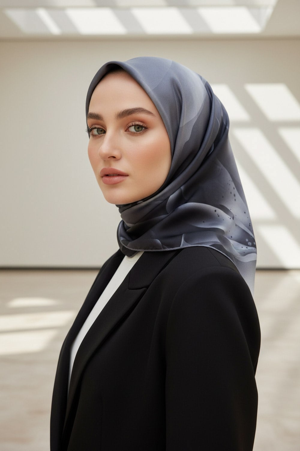 %100 Twill İpek Çiçek Desenli Gümüş Renkli 90x90 Eşarp Dikim Şekli : El Dikişi