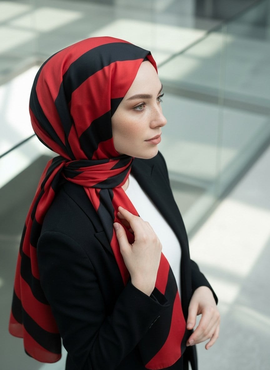 %100 Saf İpek Şal İnce Saten Vual Dokuma Çizgili Desenli Kırmızı - Siyah Renkli 90x210 Şal