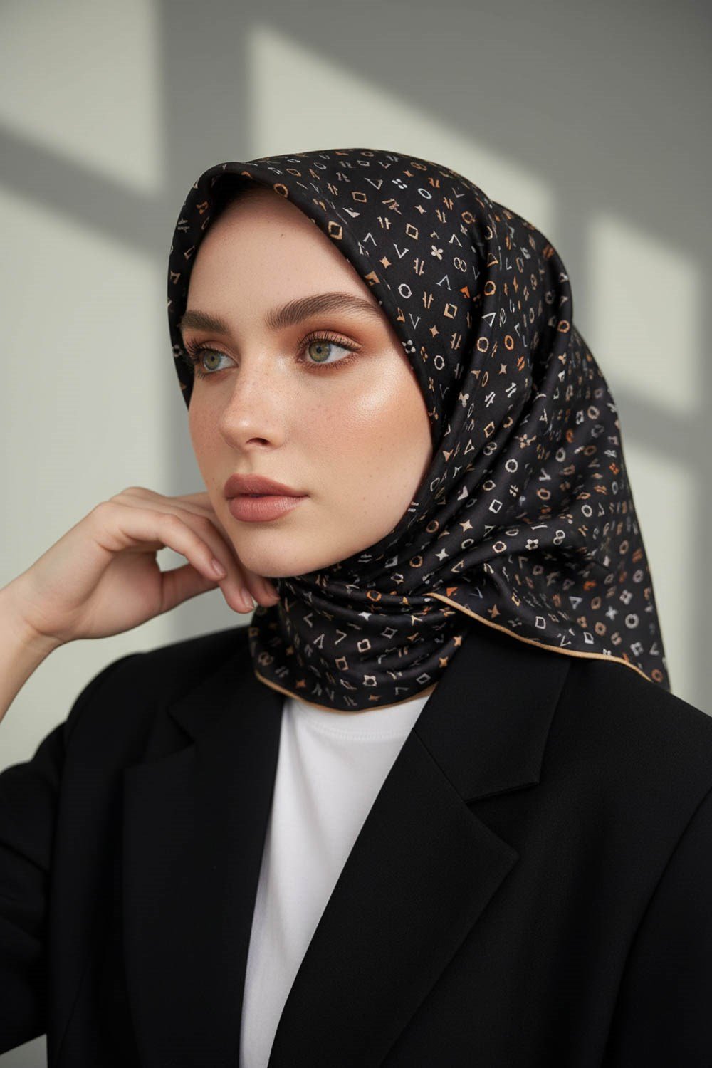 %100 Twill İpek Çıtır Motif Desenli Siyah - Bej Renkli 90x90 Eşarp Dikim Şekli : El Dikişi