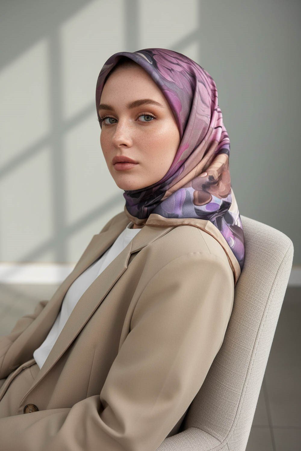%100 Twill İpek Dumanlı Çiçek Desenli Somon - Lila Renkli 90x90 Eşarp Kenar Dikiş Şekli El Dikişli