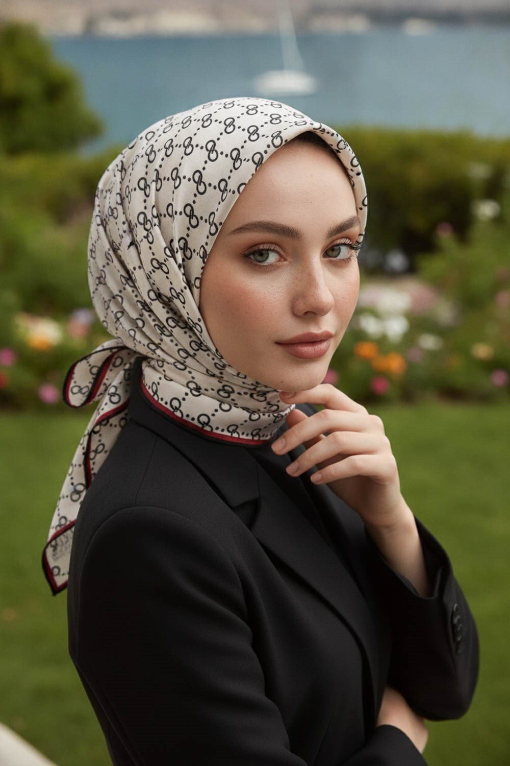 %57 İPEK %43 VİSKON Twill İpek Leopar Desenli Siyah - Krem Renkli 90x90 Eşarp Dikim Şekli : El Dikişi