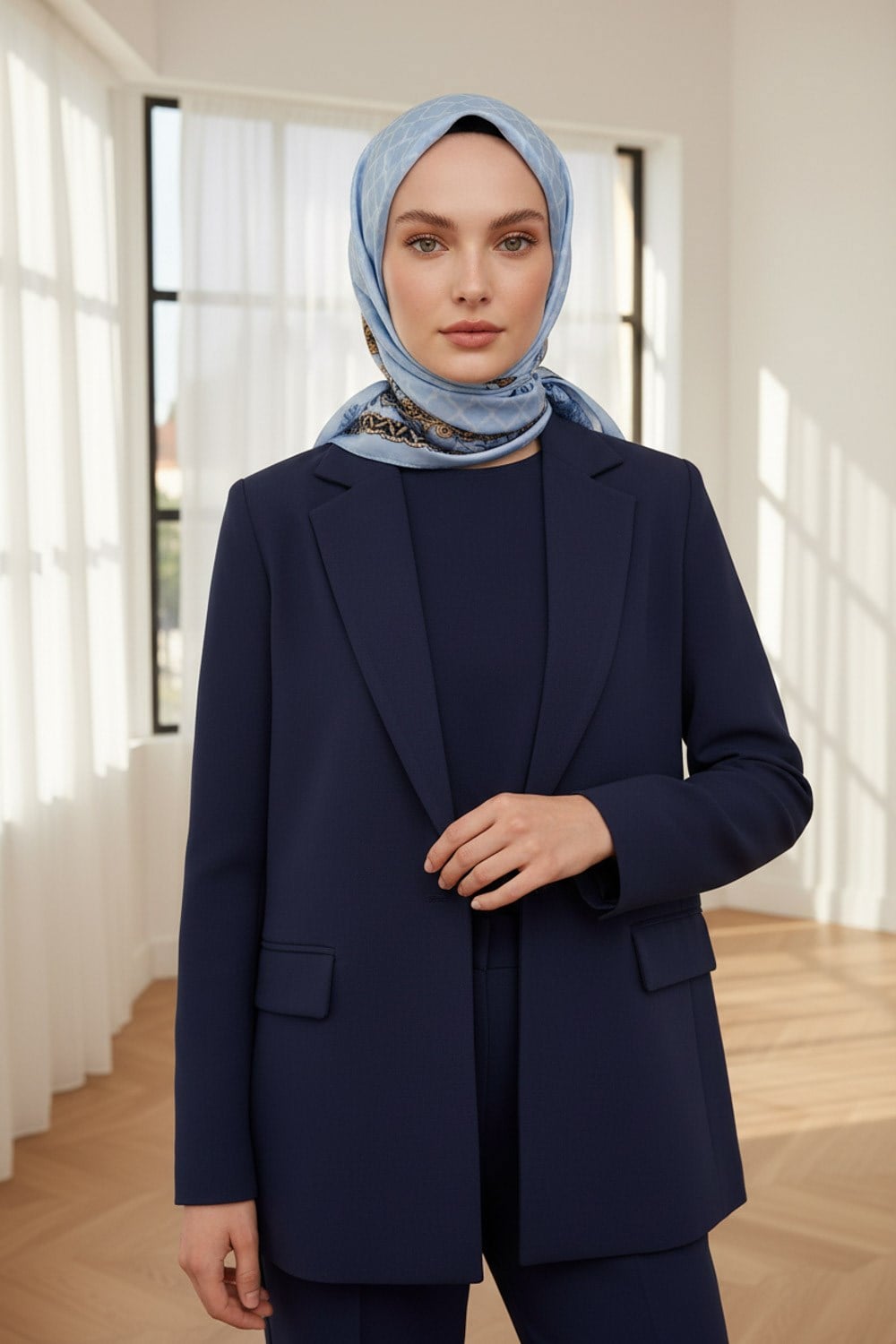 %100 Saf İpek Şal İnce Saten Vual Dokuma Yaprak Desenli Bebe Mavisi - Gold Renkli 90x210 Şal