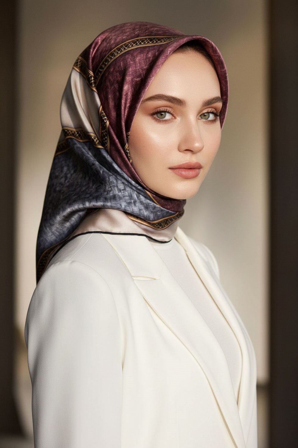 %100 Twill İpek Dokulu Ve Şerit Desenli Gri - Pudra Renkli 90x90 Eşarp Dikim Şekli : El Dikişi