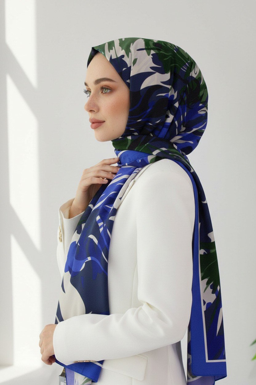 KREP GEOMETRİK DESENLİ SAKS RENKLİ 75X195 KIRIŞMAZ ŞAL