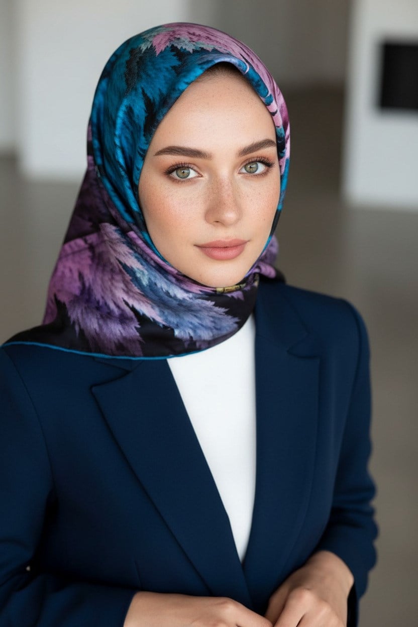 %100 Twill İpek Yaprak Desenli Lacivert - Petrol Mavisi Renkli 90x90 Eşarp Dikim Şekli : El Dikişi