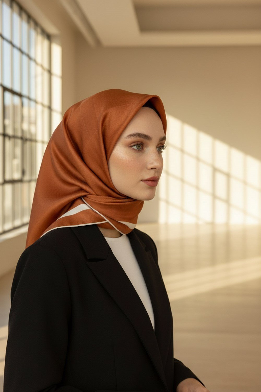 100% Twill İpek Düz Renk Bordür Desenli Taba - Krem Renkli Daha Tok Exclusive Serisi 90x90 Dikim Şekli : El Dikişi Eşarp