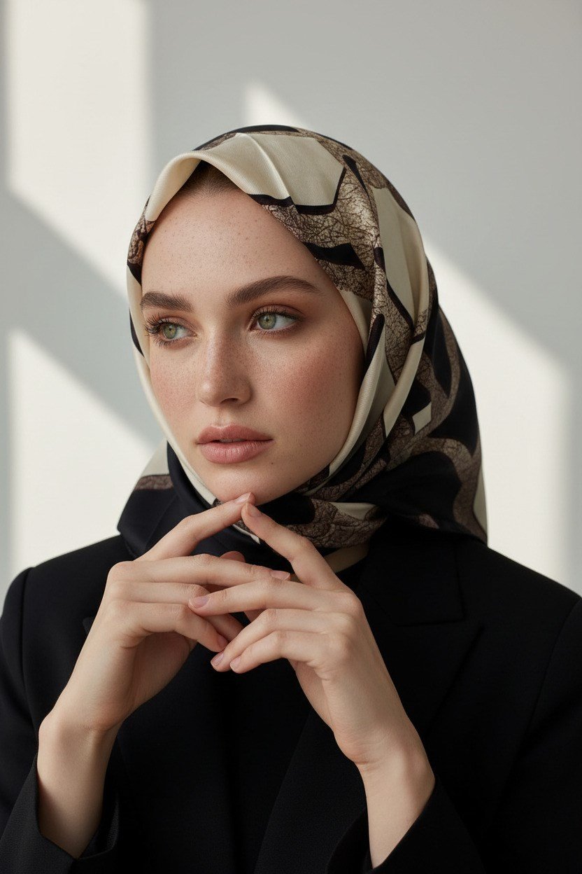 % 57 İPEK % 43 VİSKON Twill İpek Gold Efektli Geometrik Desenli Siyah - Krem Renkli 90x90 Eşarp Dikim Şekli : El Dikişi