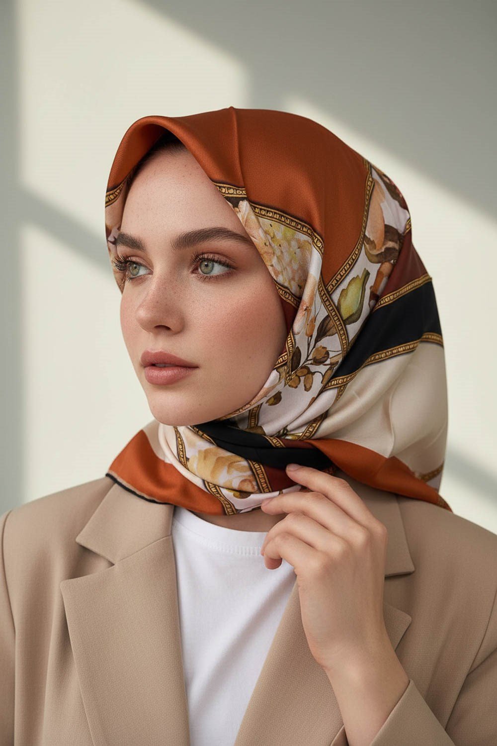 100% Twill İpek Şeritli Çiçek Desenli Taba - Siyah Renkli 90x90 Dikim Şekli : El Dikişi Eşarp