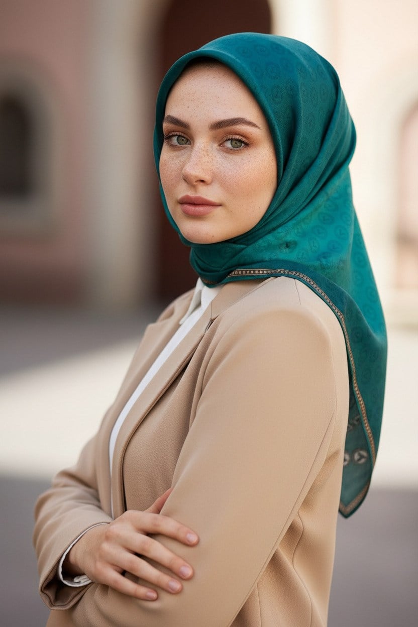 % 57 İPEK % 43 VİSKON Twill İpek Monogram Desenli Petrol Yeşili Renkli 90x90 Eşarp Dikim Şekli : El Dikişi
