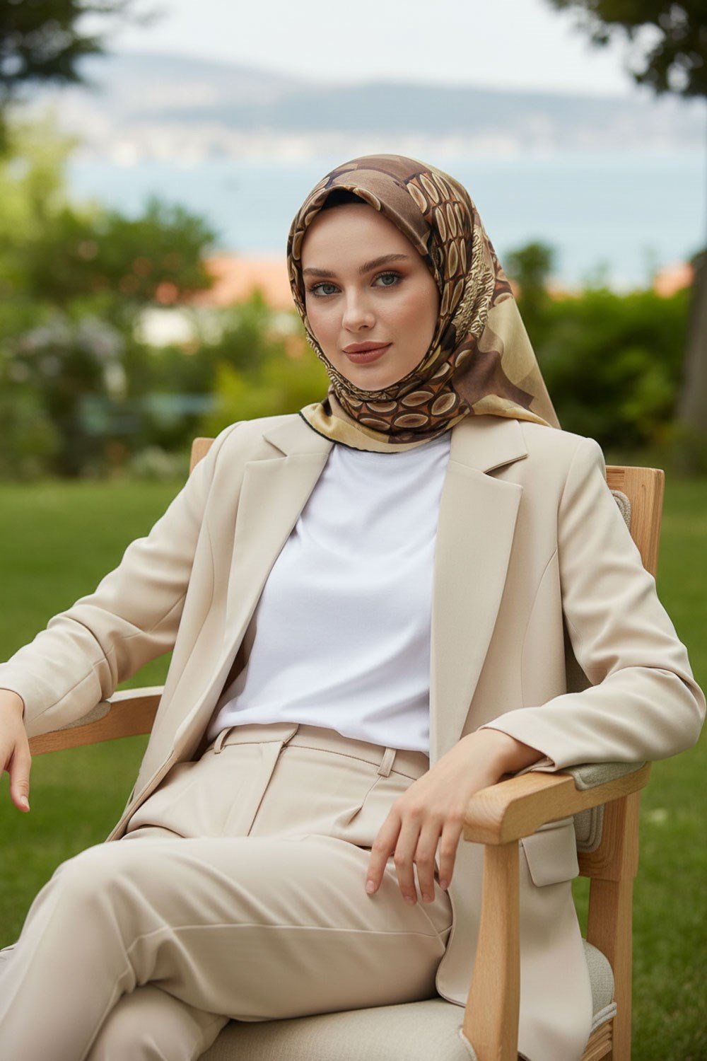 %100 Twill İpek Geometrik Desenli Gül Kurusu - Vizon Renkli 90x90 Eşarp Eşarp Kenar Dikiş Şekli El Dikişli