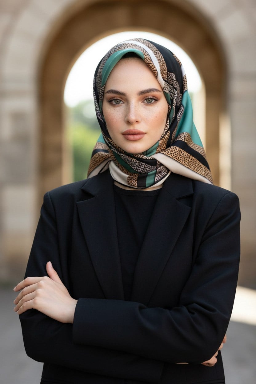% 57 İPEK % 43 VİSKON Twill İpek Geometrik Desenli Siyah - Mint Yeşili Renkli 90x90 Eşarp Dikim Şekli : El Dikişi