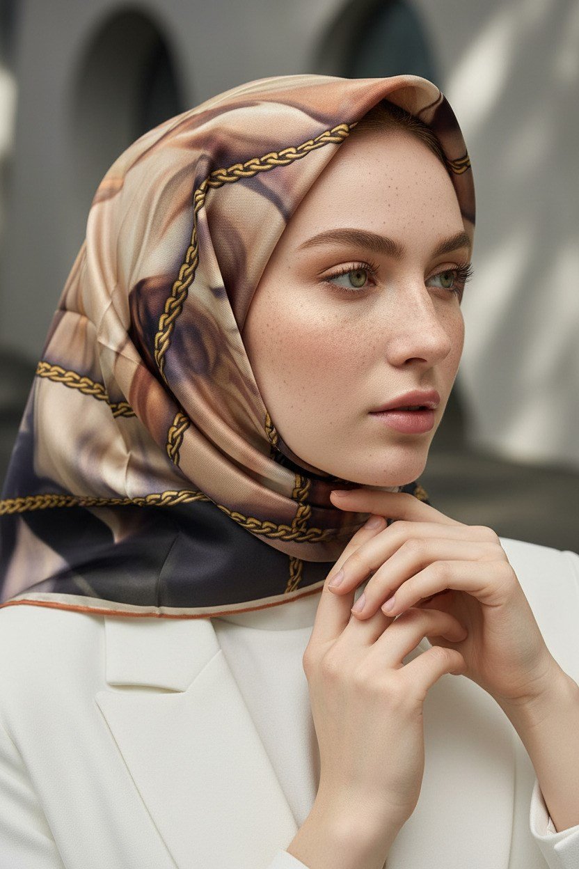 % 57 İPEK % 43 VİSKON Twill İpek Çiçek  Geometrik Desenli Taba Renkli 90x90 Eşarp Dikim Şekli : El Dikişi