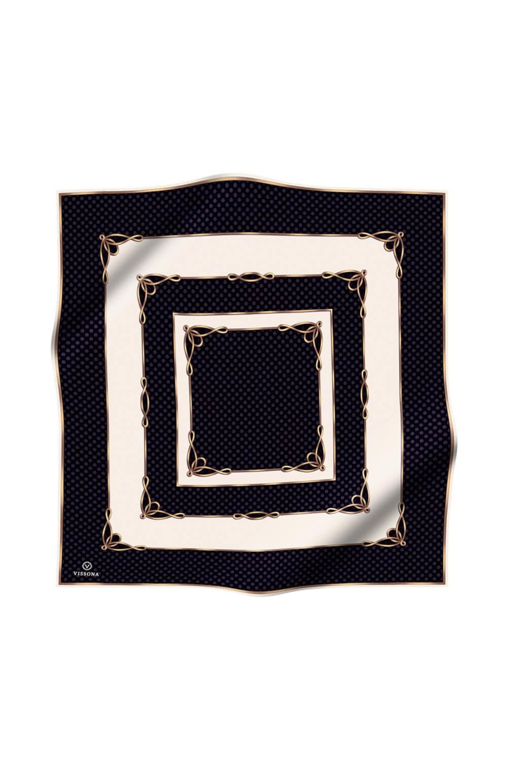 %100 Twill İpek Puantiyeli ve Geometrik Desenli Siyah - Krem Renkli 90x90 Eşarp Dikim Şekli : El Dikişi