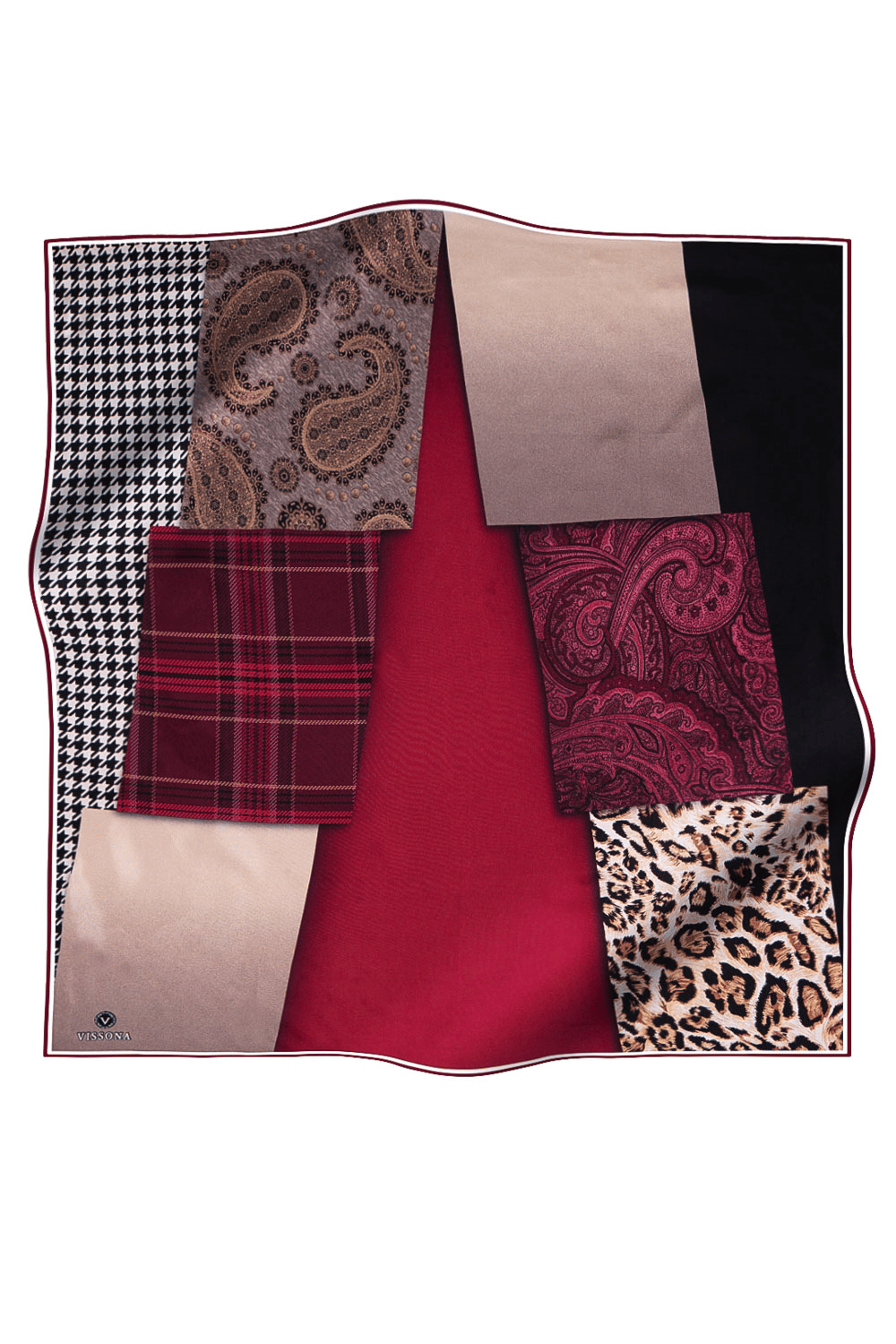 % 57 İPEK % 43 VİSKON Twill İpek Kazayaklı Ekoseli Leoparlı Ve Şal Desenli Bordo - Bej Renkli 90x90 Eşarp Dikim Şekli : El Dikişi