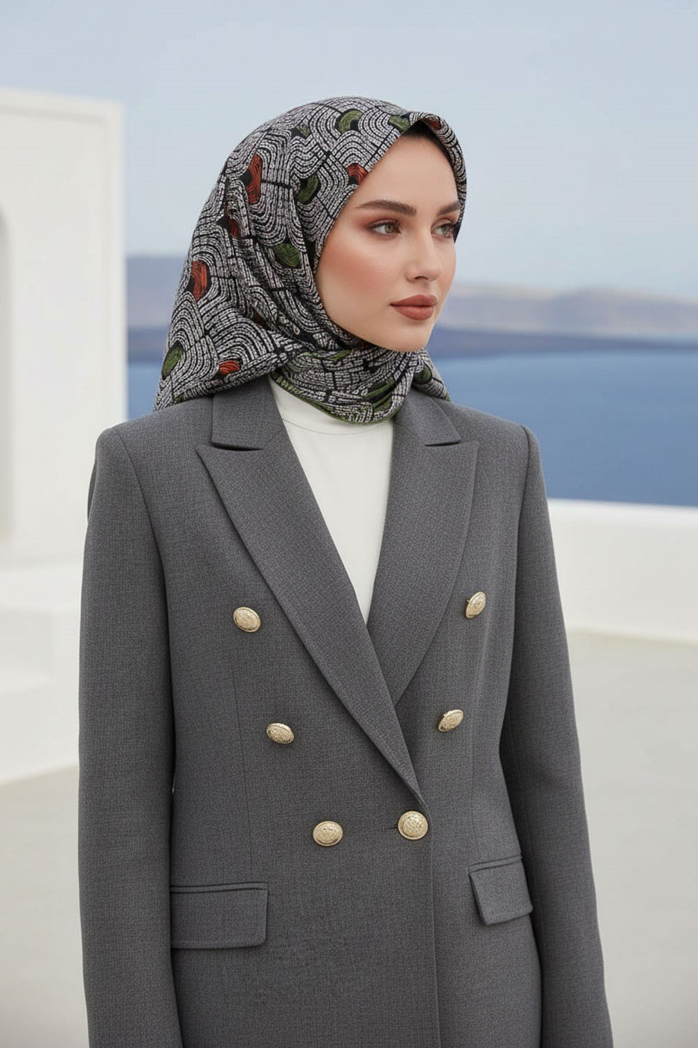 %100 Twill İpek Geometrik Desenli Taba - Haki Renkli 90x90 Eşarp Dikim Şekli : El Dikişi