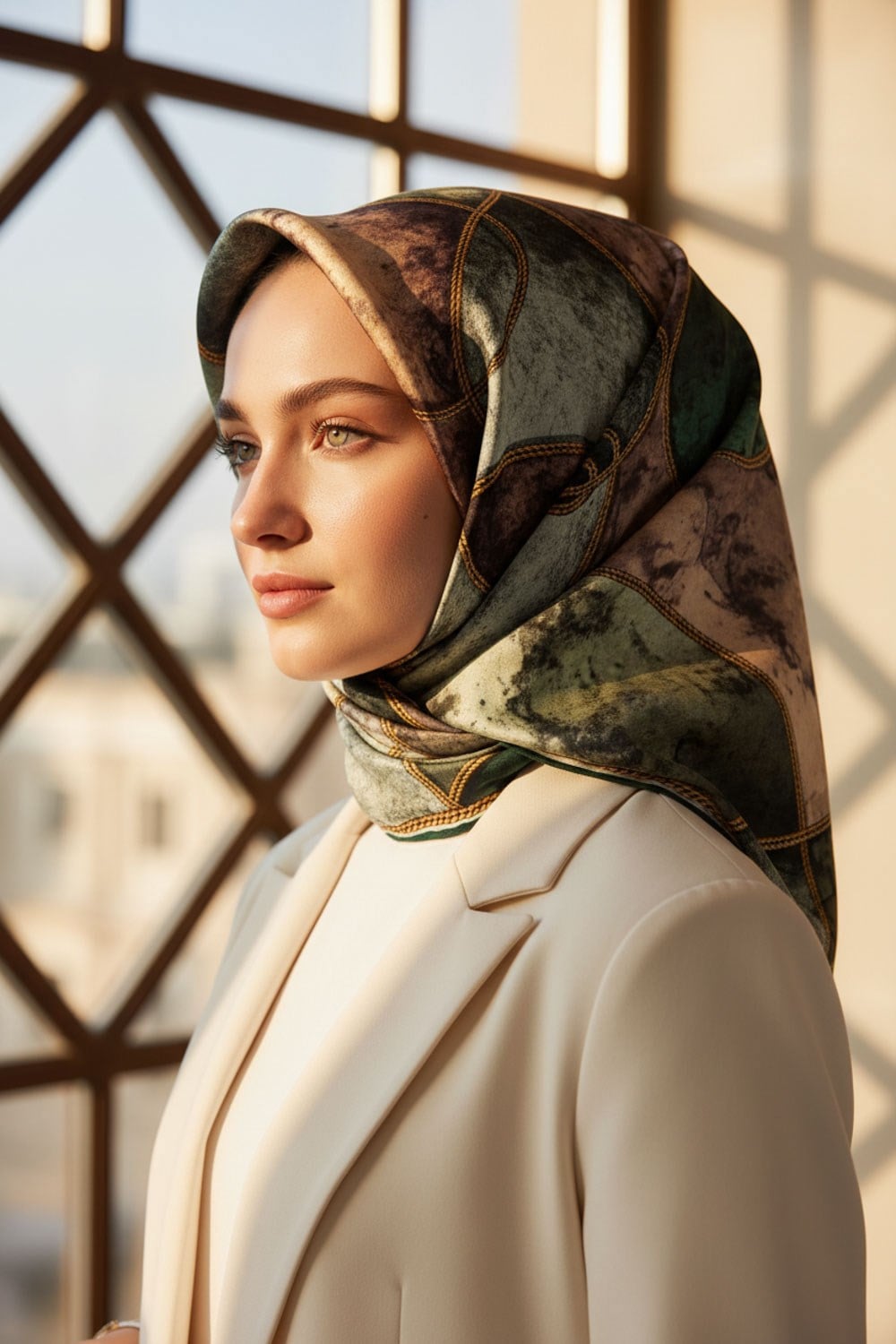 %100 Twill İpek Zincirli Mermer Desenli Zümrüt Yeşili - Haki Renkli 90x90 Eşarp Dikim Şekli : El Dikişi
