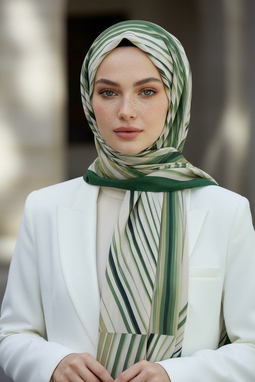KREP ÇİZGİLİ DESENLİ ZÜMRÜT YEŞİLİ RENKLİ 75X195 KIRIŞMAZ ŞAL