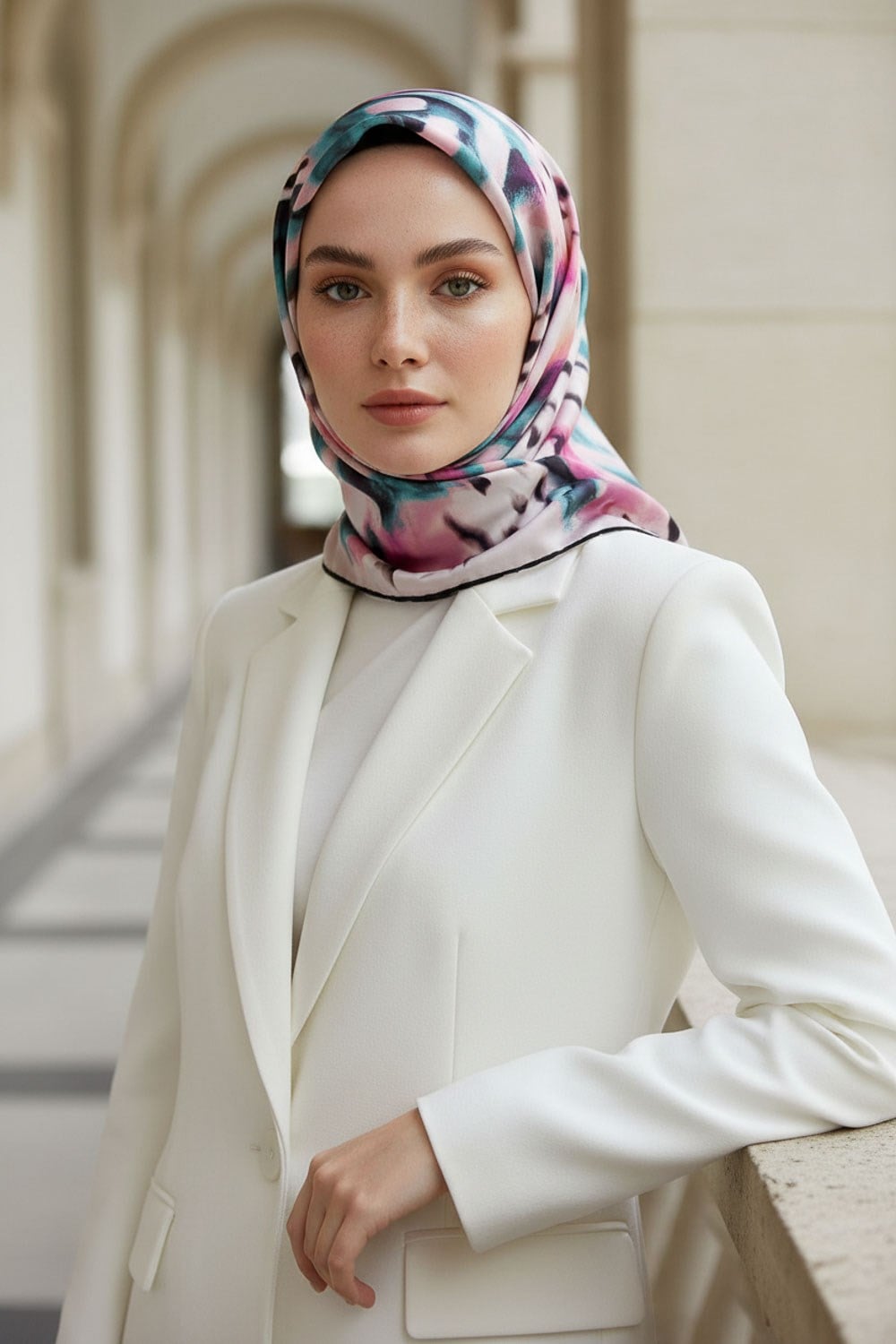 %100 Twill İpek Batik Desenli Fuşya - Petrol Yeşili Renkli 90x90 Eşarp Dikim Şekli : El Dikişi