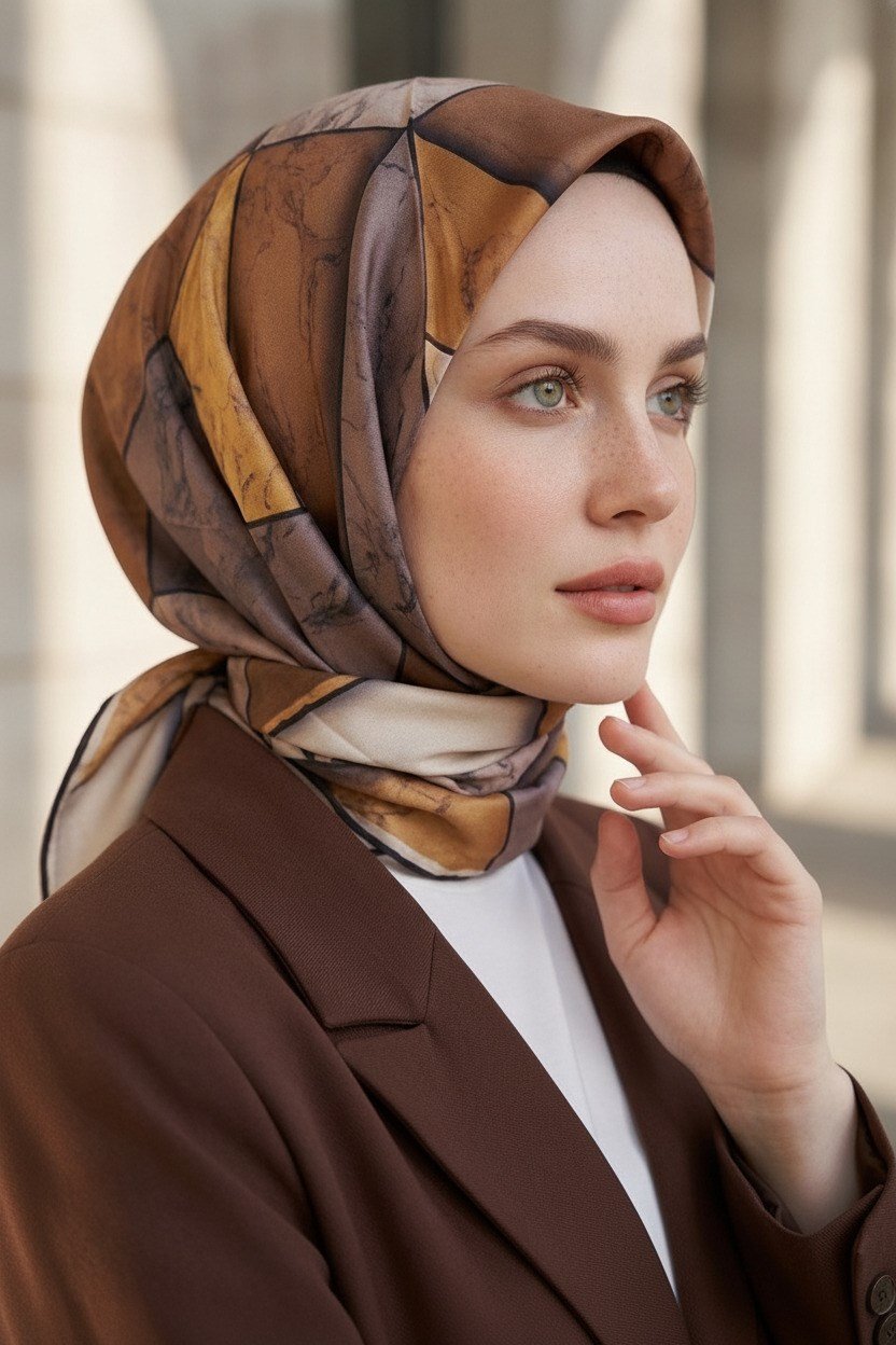%100 Twill İpek Mermer Desenli Hardal - Bej Renkli 90x90 Eşarp Dikim Şekli : El Dikişi