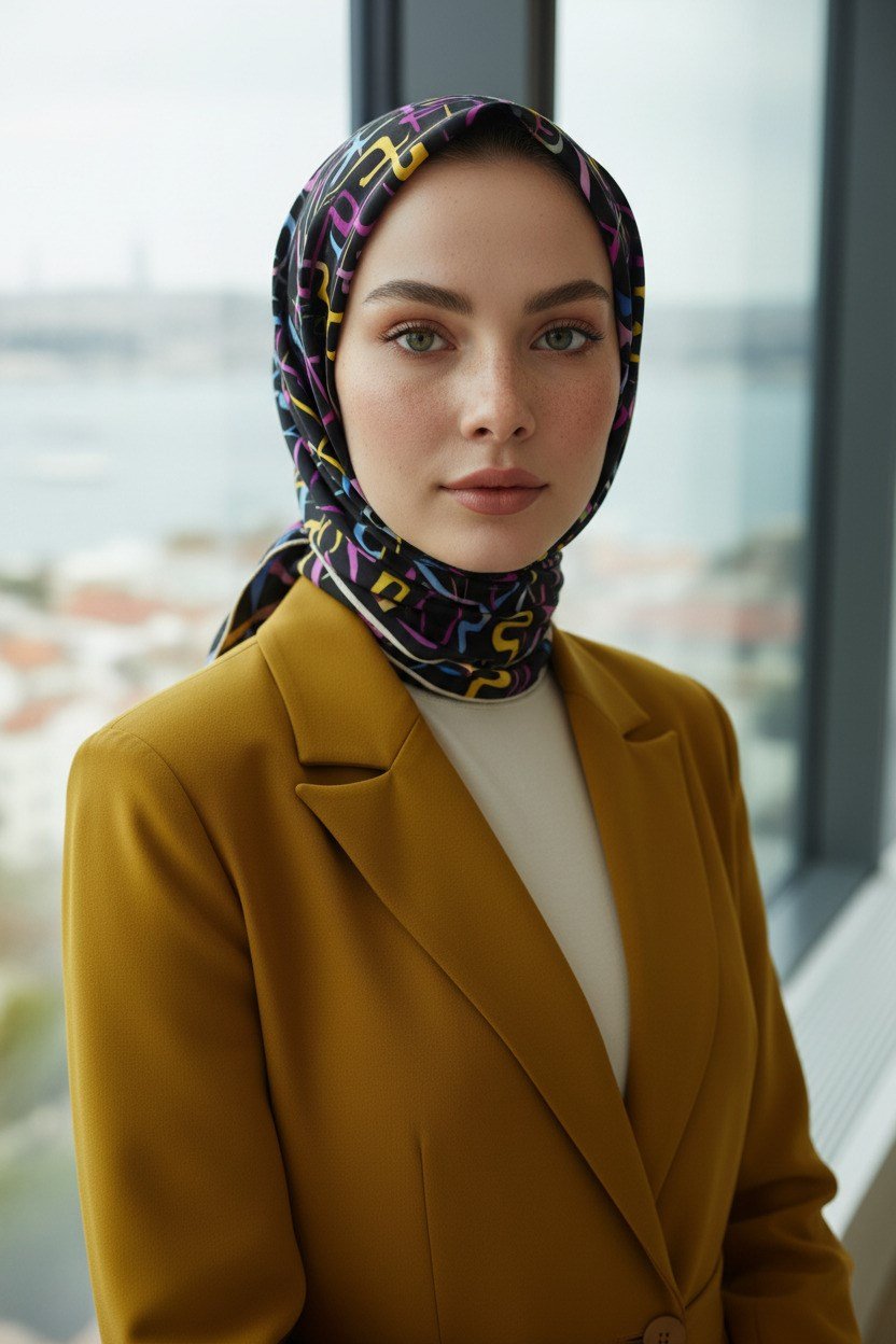 % 57 İPEK % 43 VİSKON Twill İpek Soyut Geometrik Desenli Sarı - Pembe Renkli 90x90 Eşarp Dikim Şekli : El Dikişi