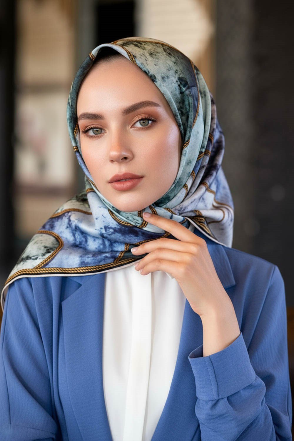 %100 Twill İpek Zincirli Mermer Desenli İndigo - Mint Yeşili Renkli 90x90 Eşarp Dikim Şekli : El Dikişi