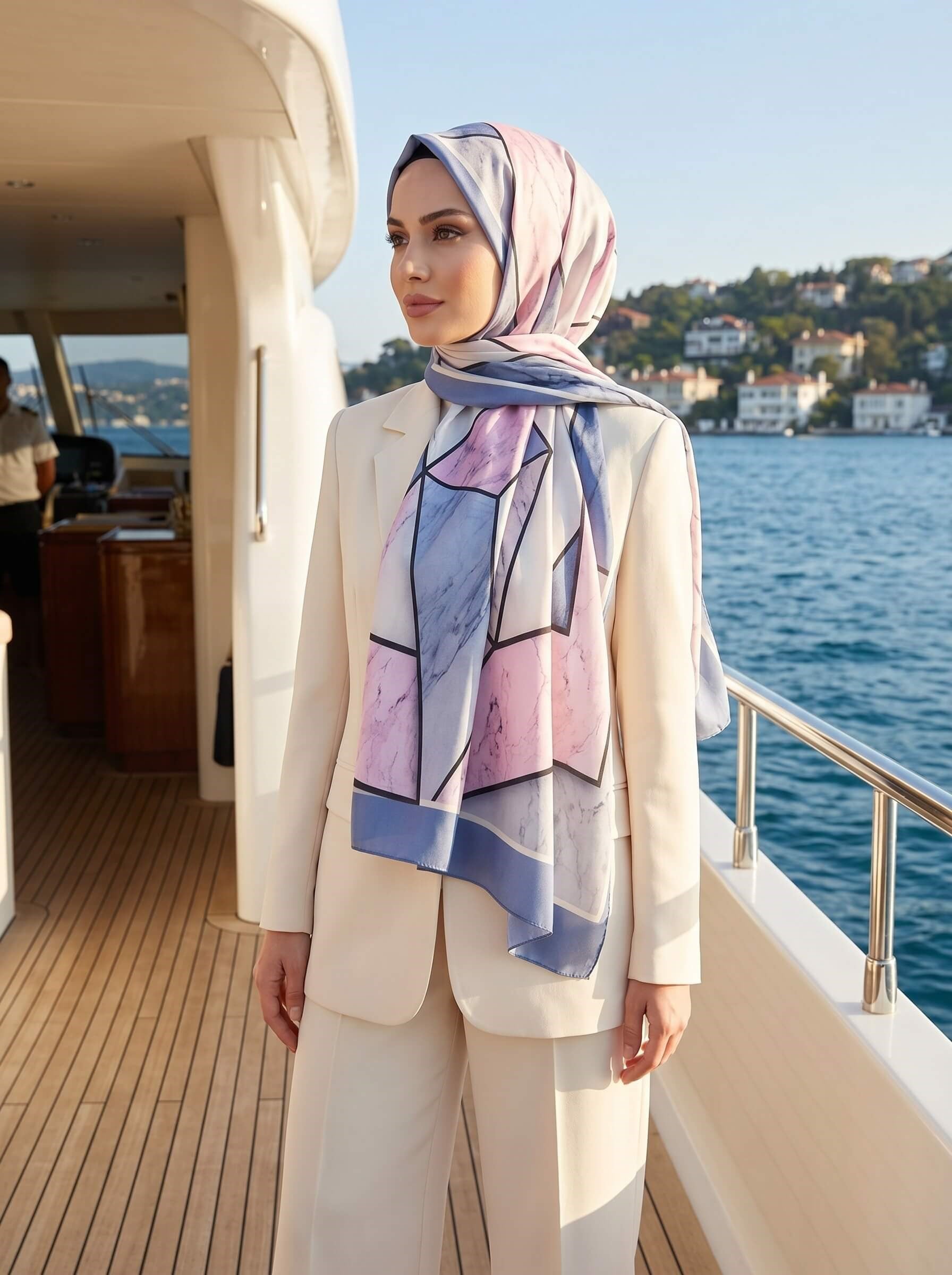 %100 Saf İpek Şal İnce Saten Vual Dokuma Mermer Desenli Pudra - Bebe Mavisi Renkli 90x210 Şal