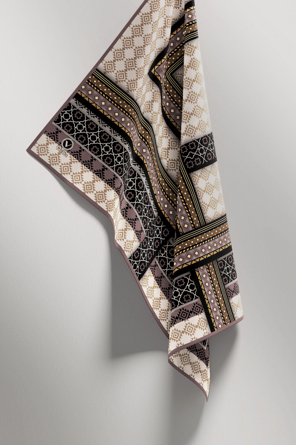 Twill Etnik Desenli Taş Renkli 90x90 Eşarp (İpek İçermez) Kenar Dikiş Şekli El Dikişli