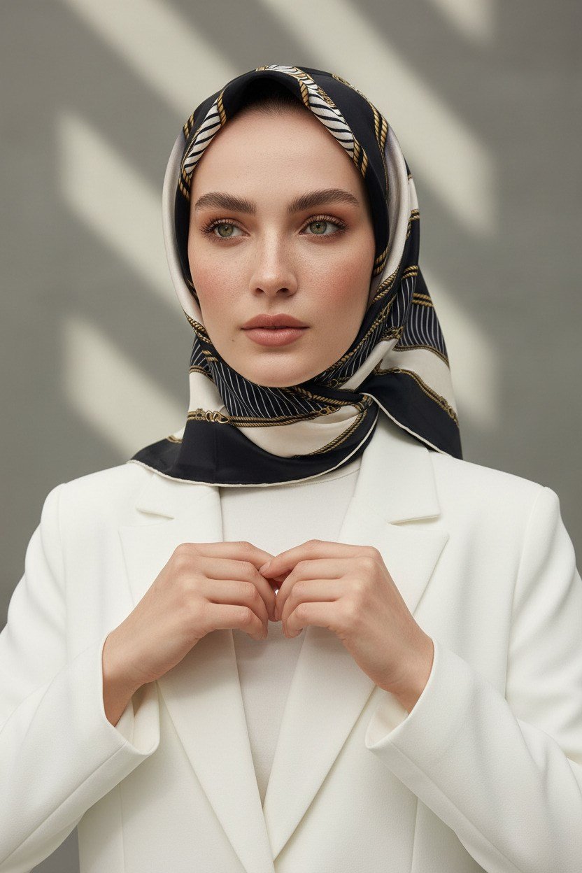 %100 Twill İpek Zincir Detaylı Geometrik Desenli Siyah - Krem Renkli 90x90 Eşarp Dikim Şekli : El Dikişi