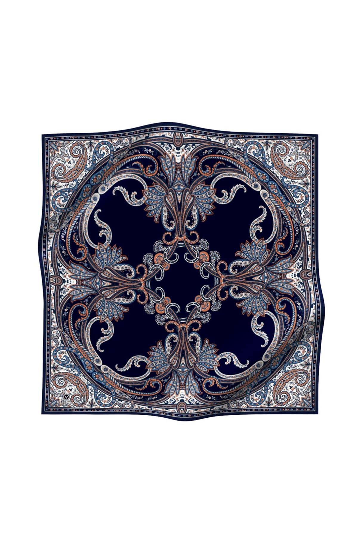 %100 Twill İpek Şal Desenli Lacivert - Taba Renkli 90x90 Eşarp Dikim Şekli : El Dikişi