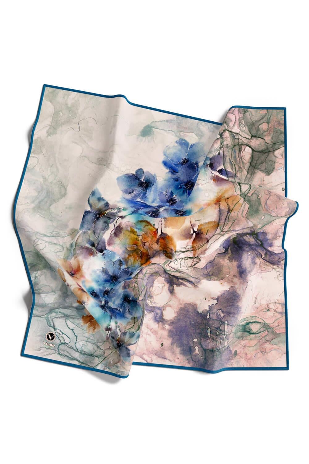 Rayon Sulu Boyalı Çiçek Desenli Saks Renkli 90x90 Eşarp (İpek İçermez) Dikim Şekli : El Dikişi