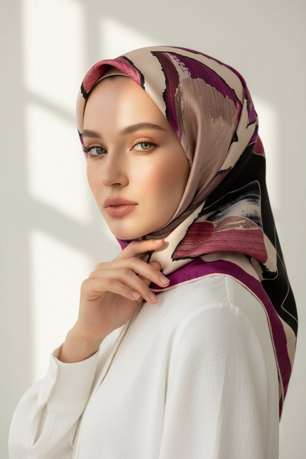%100 Twill İpek Geometrik Desenli Mürdüm - Somon Renkli 90x90 Eşarp Dikim Şekli : El Dikişi
