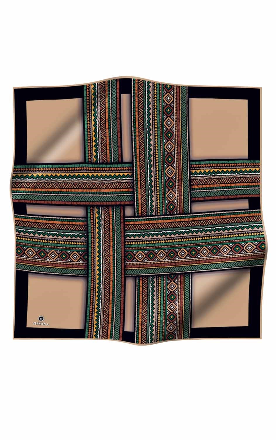 %100 Twill İpek Etnik Desenli Bej - Zümrüt Yeşili Renkli 90x90 Eşarp Dikim Şekli : El Dikişi