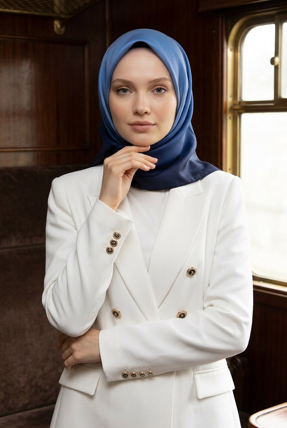% 57 İPEK % 43 VİSKON Twill İpek Degrade Desenli Lacivert - Buz Mavisi Renkli 90x90 Eşarp Dikim Şekli : El Dikişi