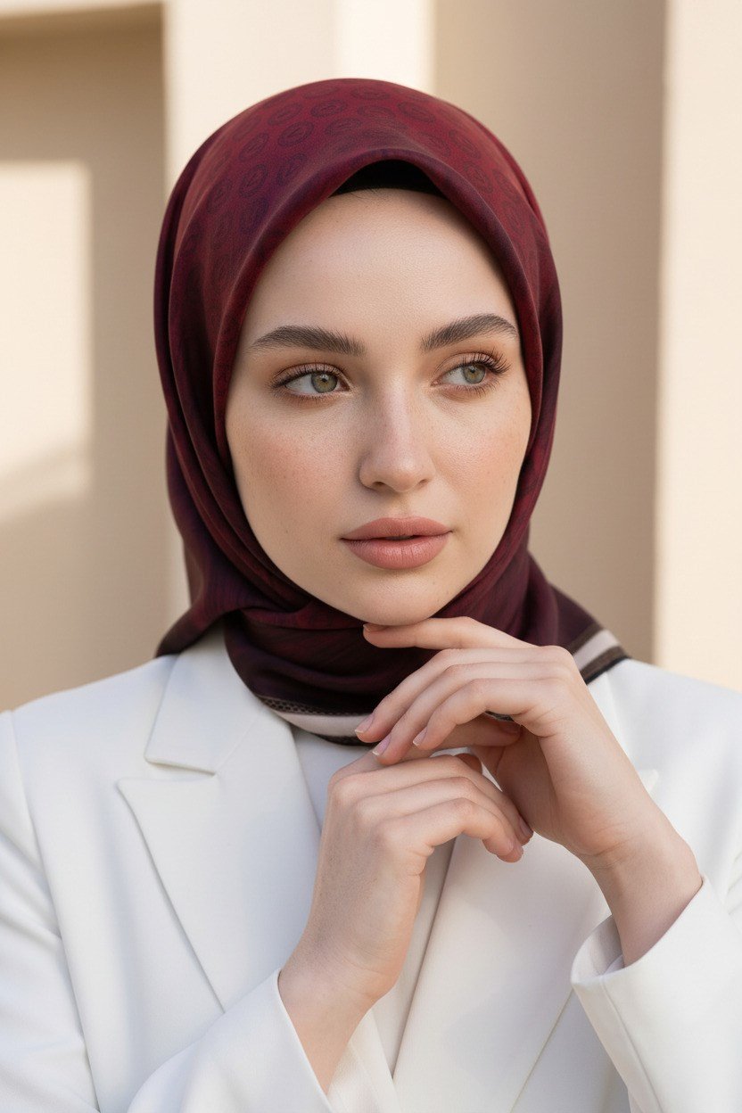 100% Twill İpek Monogram Desenli Bordo Renkli 90x90 Dikim Şekli : El Dikişi Eşarp