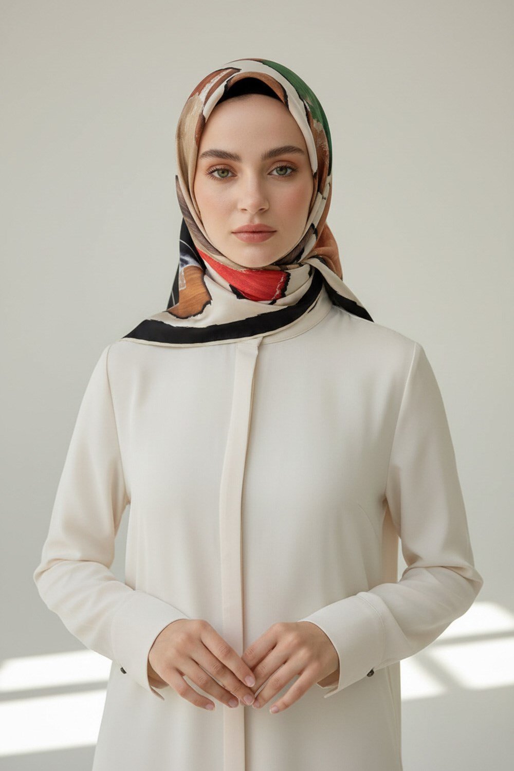 %100 Twill İpek Geometrik Desenli Turuncu - Zümrüt Yeşili Renkli 90x90 Eşarp Dikim Şekli : El Dikişi