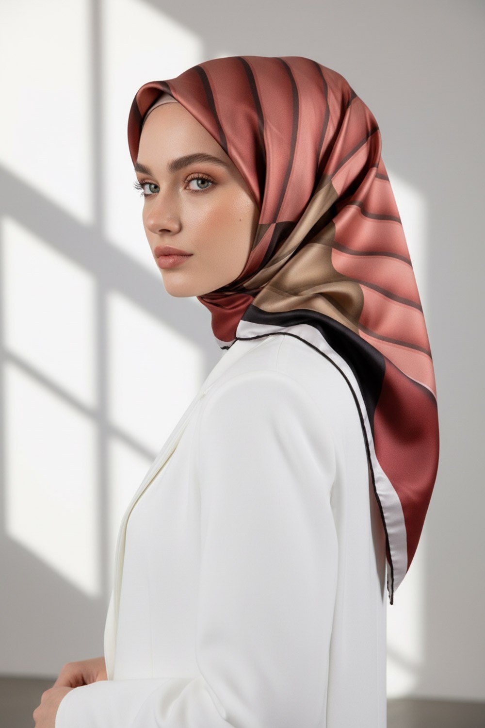 Rayon Zikzak Çizgi Desenli Gül Kurusu Renkli 90x90 Eşarp (İpek İçermez) Dikim Şekli : El Dikişi