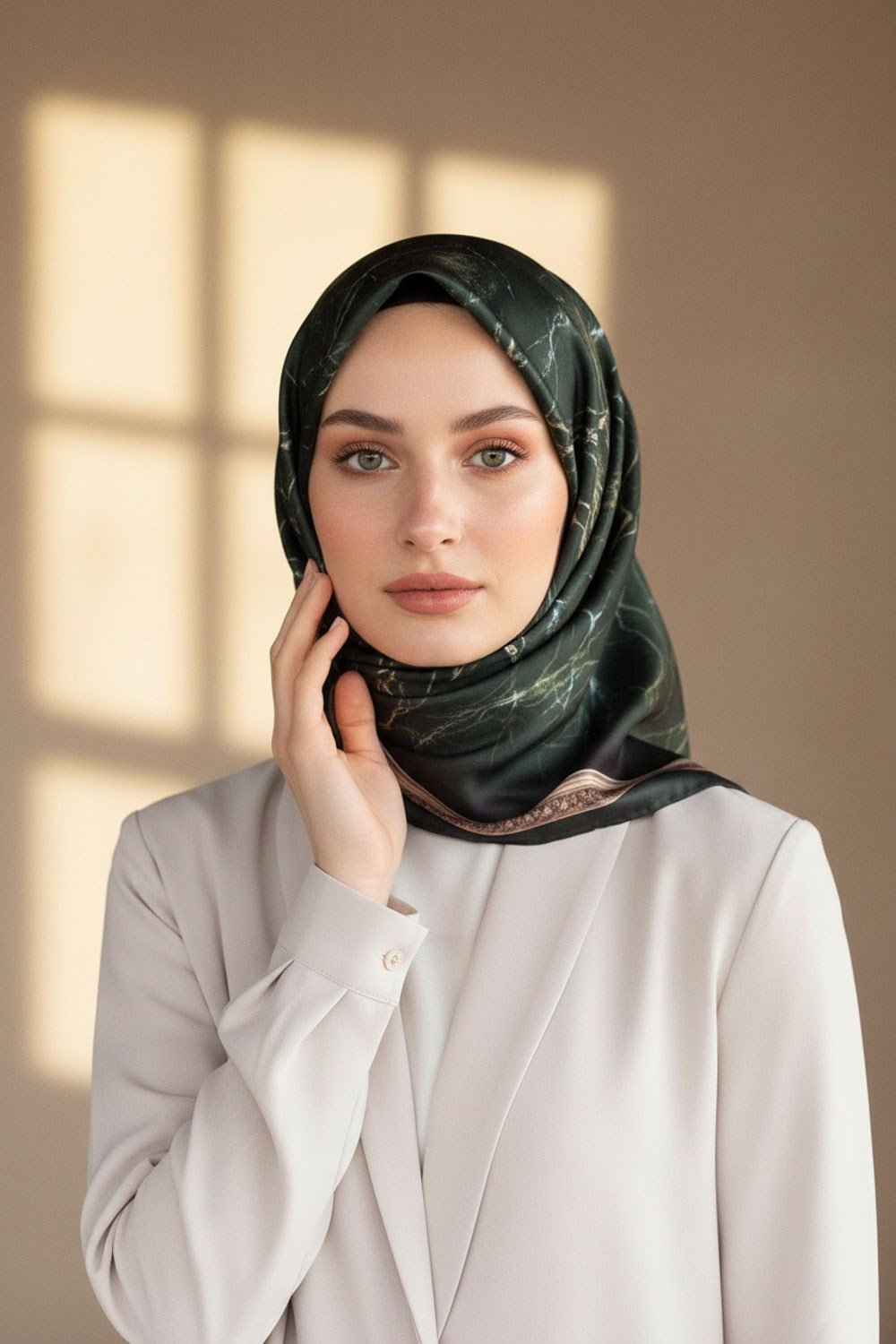 Kristal Zikzak Çizgi Desenli Petrol Yeşili Renkli 90x90 Eşarp (İpek İçermez) Dikim Şekli : El Dikişi