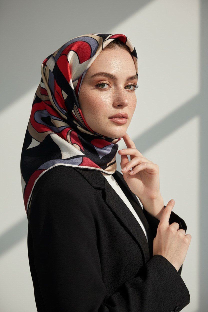 % 57 İPEK % 43 VİSKON Twill İpek Geometrik Desenli Bej - Kırmızı Renkli 90x90 Dikim Şekli : El Dikişi Eşarp