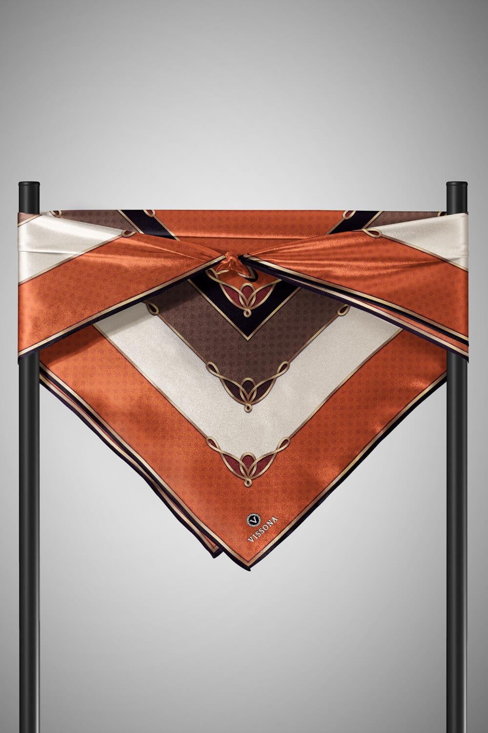 %100 Twill İpek Puantiyeli ve Geometrik Desenli Taba - Vizon Renkli 90x90 Eşarp Dikim Şekli : El Dikişi