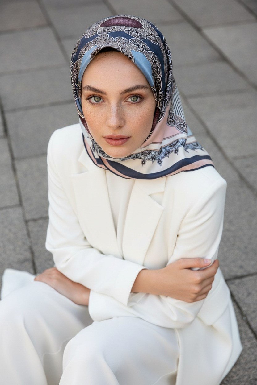 %100 Twill Türk Motifi  Desenli Pudra - Bebe Mavisi Renkli 90x90 Eşarp Dikim Şekli: El Dikişi