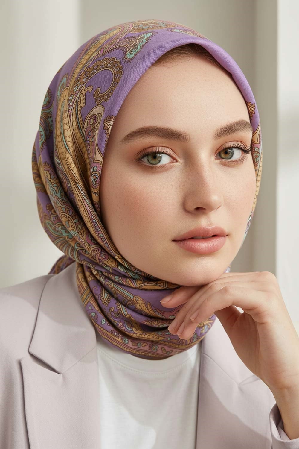 %100 Twill İpek Şal Desenli Lila Renkli 90x90 Eşarp Dikim Şekli : El Dikişi