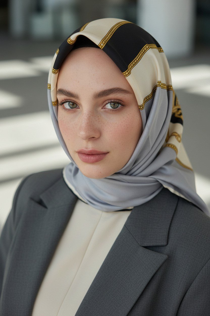 %100 Twill İpek Eşarp 90x90 Çizgili Barok Detaylı El Dikişli Kadın Eşarp